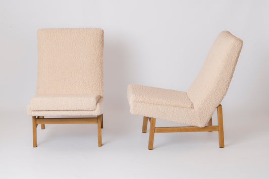 Ash & Cream Boucle Chairs by Guariche, Mortier, Motte for ARP, France, 1955