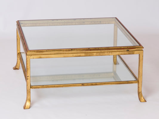 Gold Leaf & Red Patinated Solid Steel "Courbe" Coffee Table by Henri Pouenat