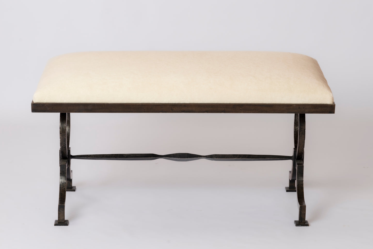 Wrought Iron Bench w. Cream P. Frey Mohair att. Gilbert Poillerat - France 1940s