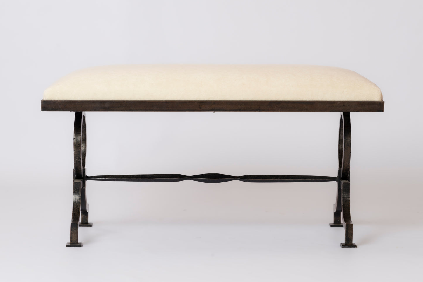 Wrought Iron Bench w. Cream P. Frey Mohair att. Gilbert Poillerat - France 1940s