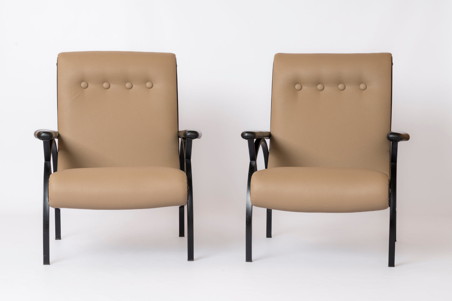 Black Lacquered Steel & Taupe Leather Armchairs in style of Borsani - Italy 1960