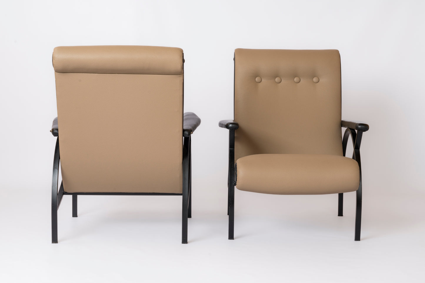 Black Lacquered Steel & Taupe Leather Armchairs in style of Borsani - Italy 1960