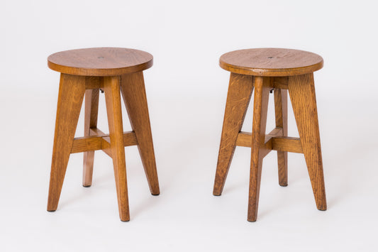 Pair of French Oak "Reconstruction" Era Stools - France 1950's