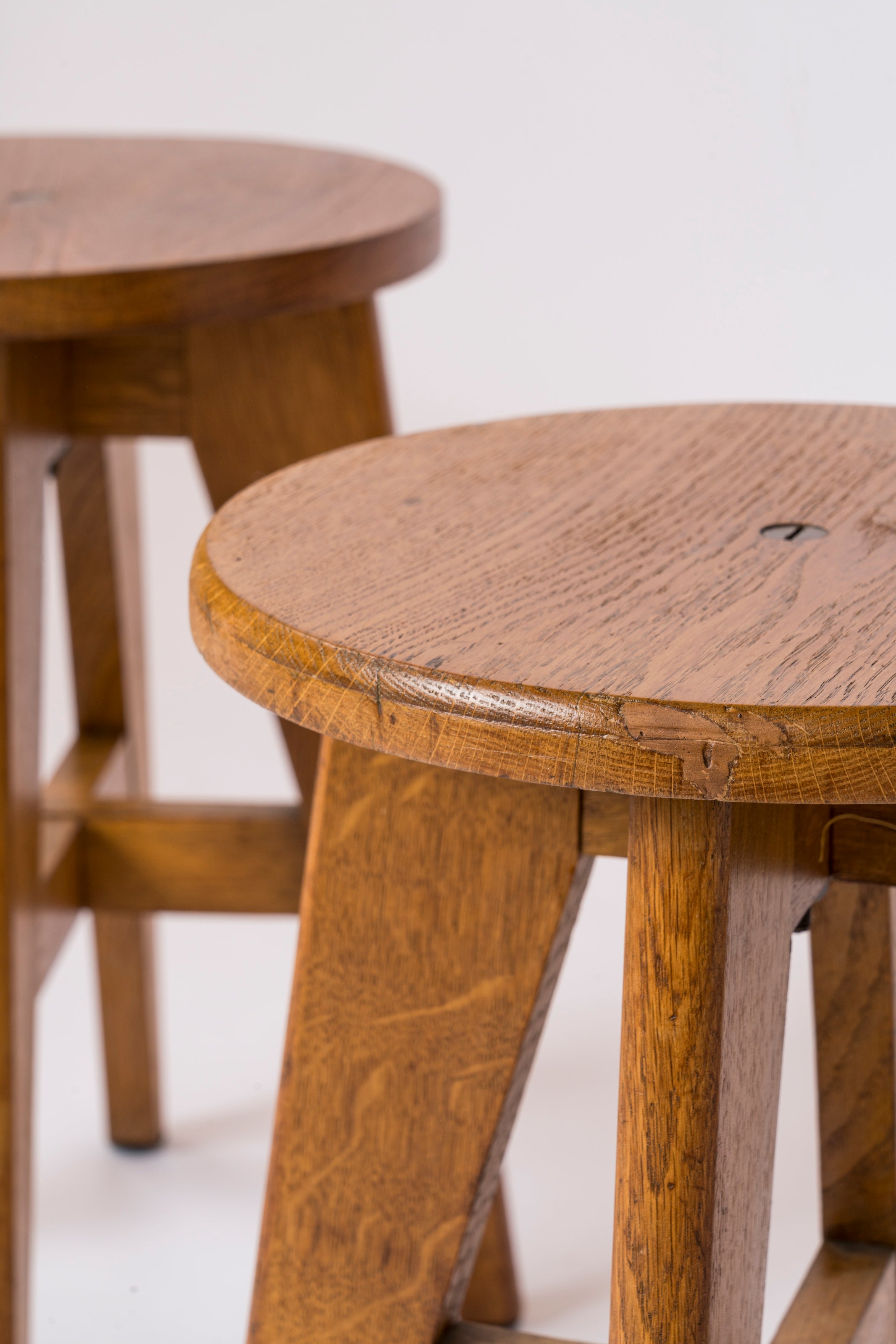 Pair of French Oak "Reconstruction" Era Stools - France 1950's