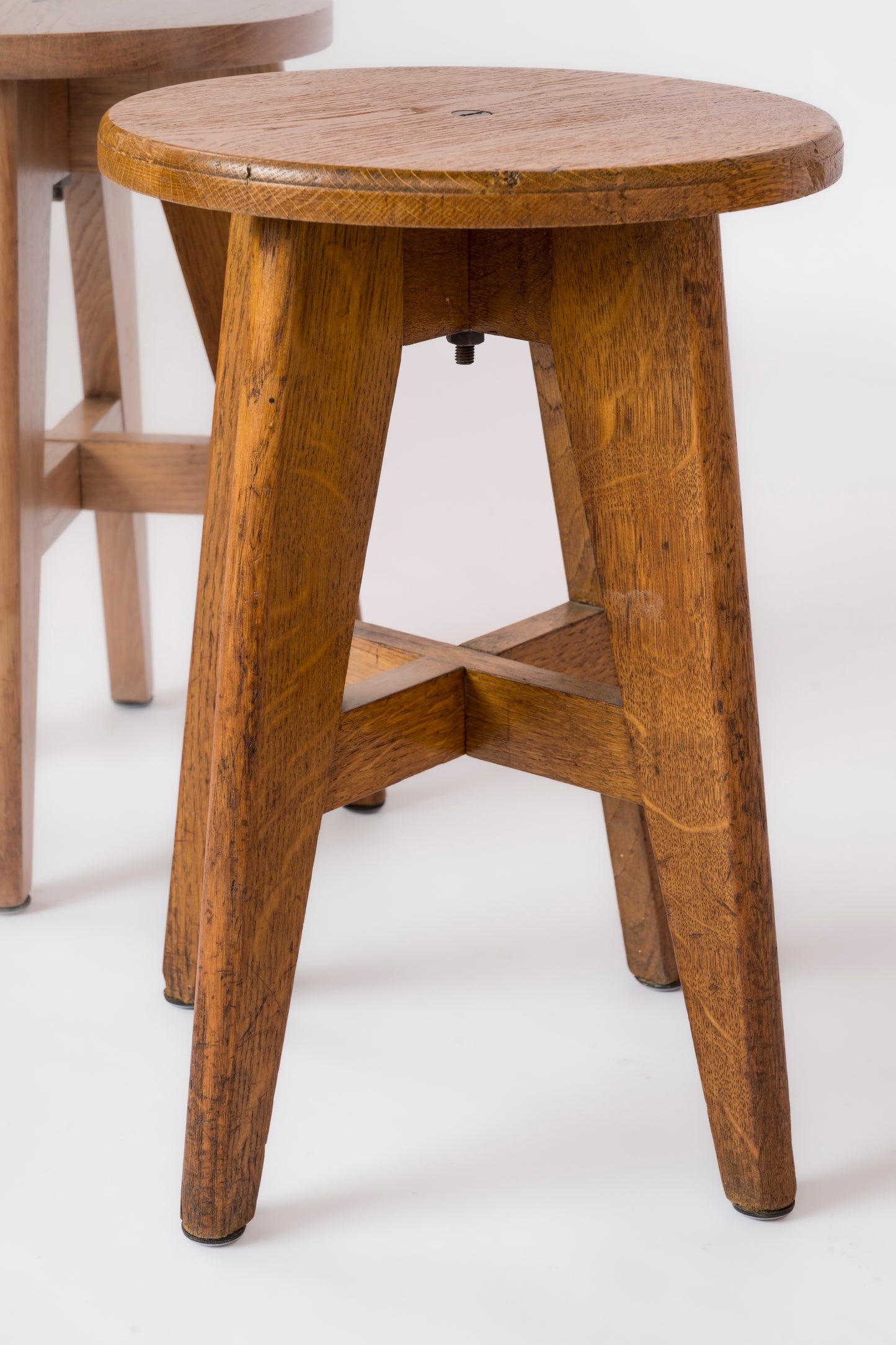 Pair of French Oak "Reconstruction" Era Stools - France 1950's