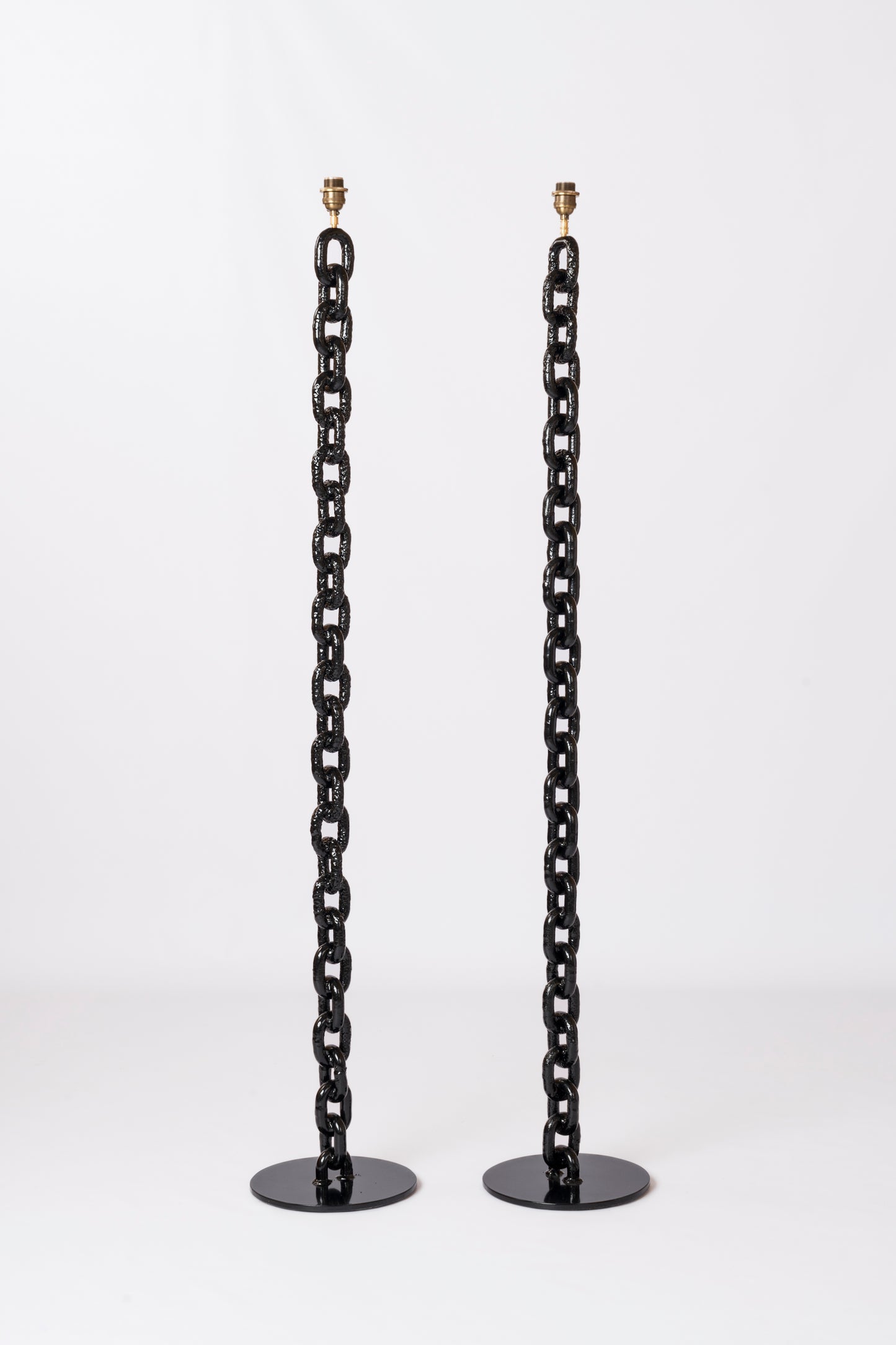Two Black Lacquered Welded Marine Chain Floor Lamps - France 1970's