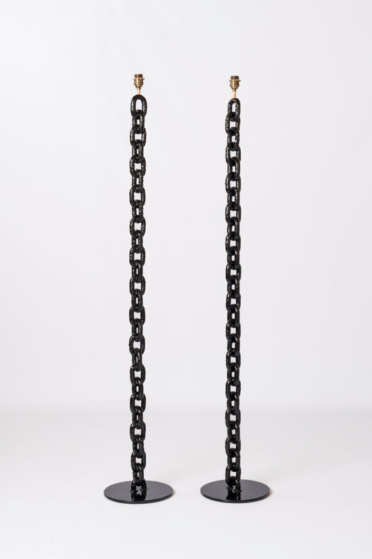 Two Black Lacquered Welded Marine Chain Floor Lamps - France 1970's