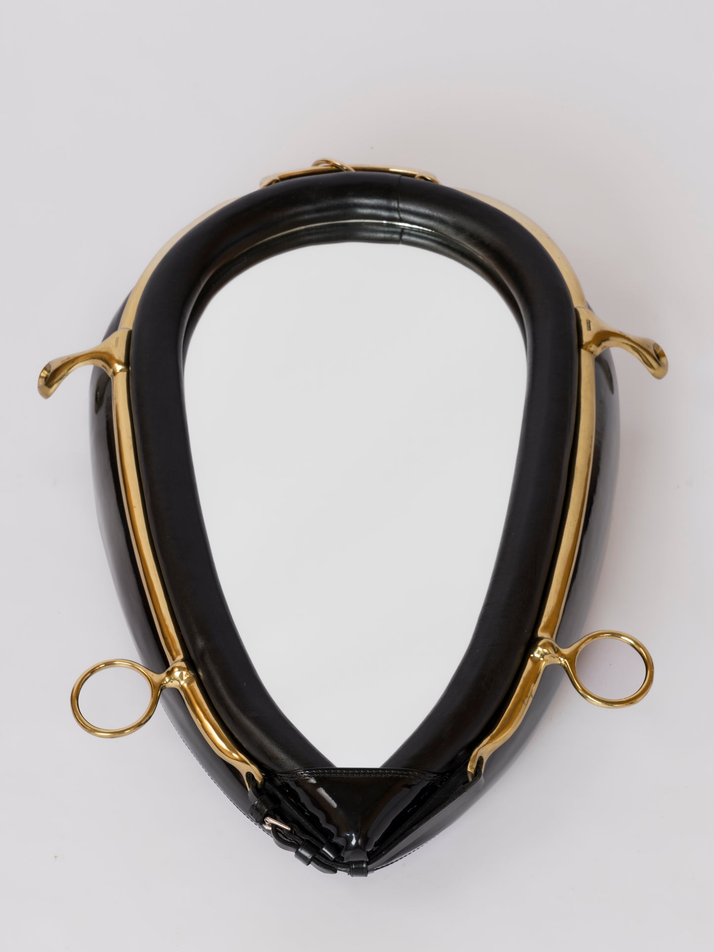 Padded Black Faux Leather & Brass Equestrian Mirror by Kieffer - France 1970's