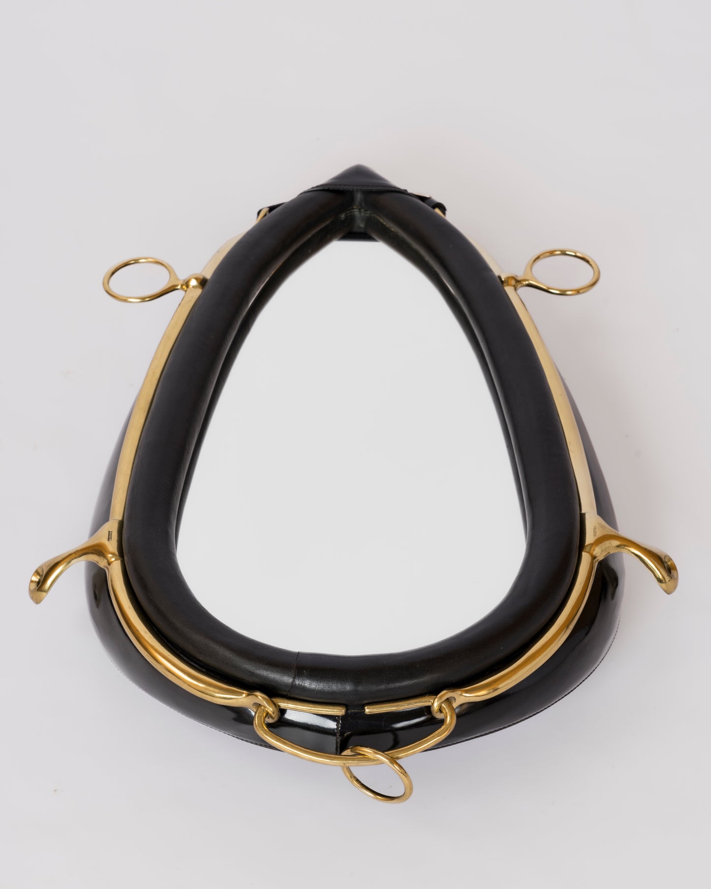 Padded Black Faux Leather & Brass Equestrian Mirror by Kieffer - France 1970's