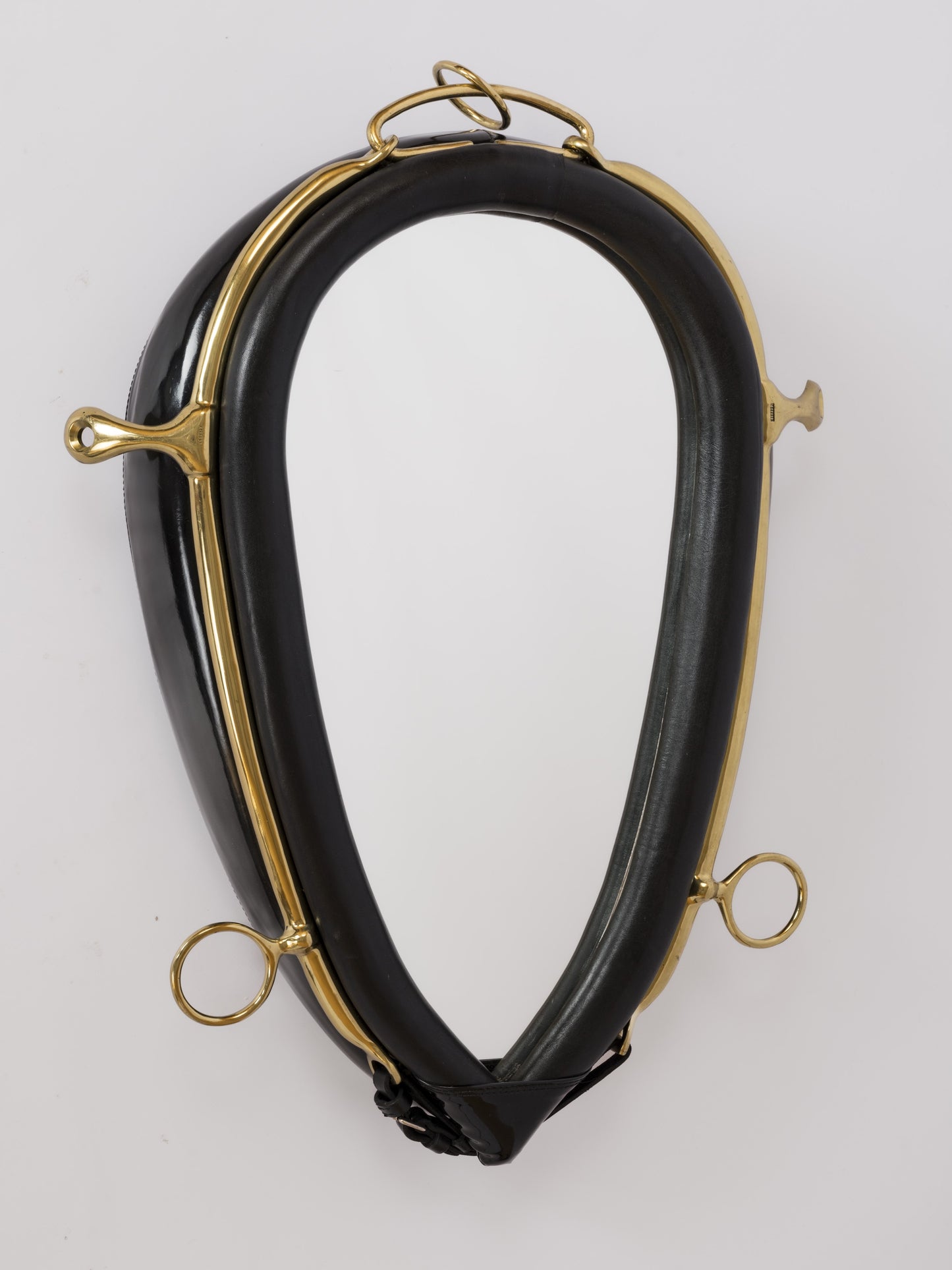 Padded Black Faux Leather & Brass Equestrian Mirror by Kieffer - France 1970's