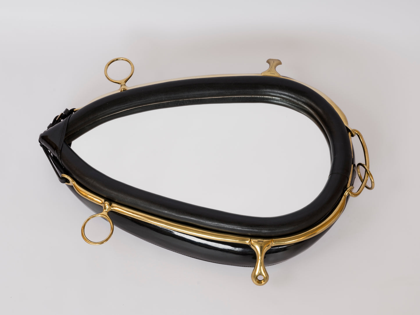 Padded Black Faux Leather & Brass Equestrian Mirror by Kieffer - France 1970's