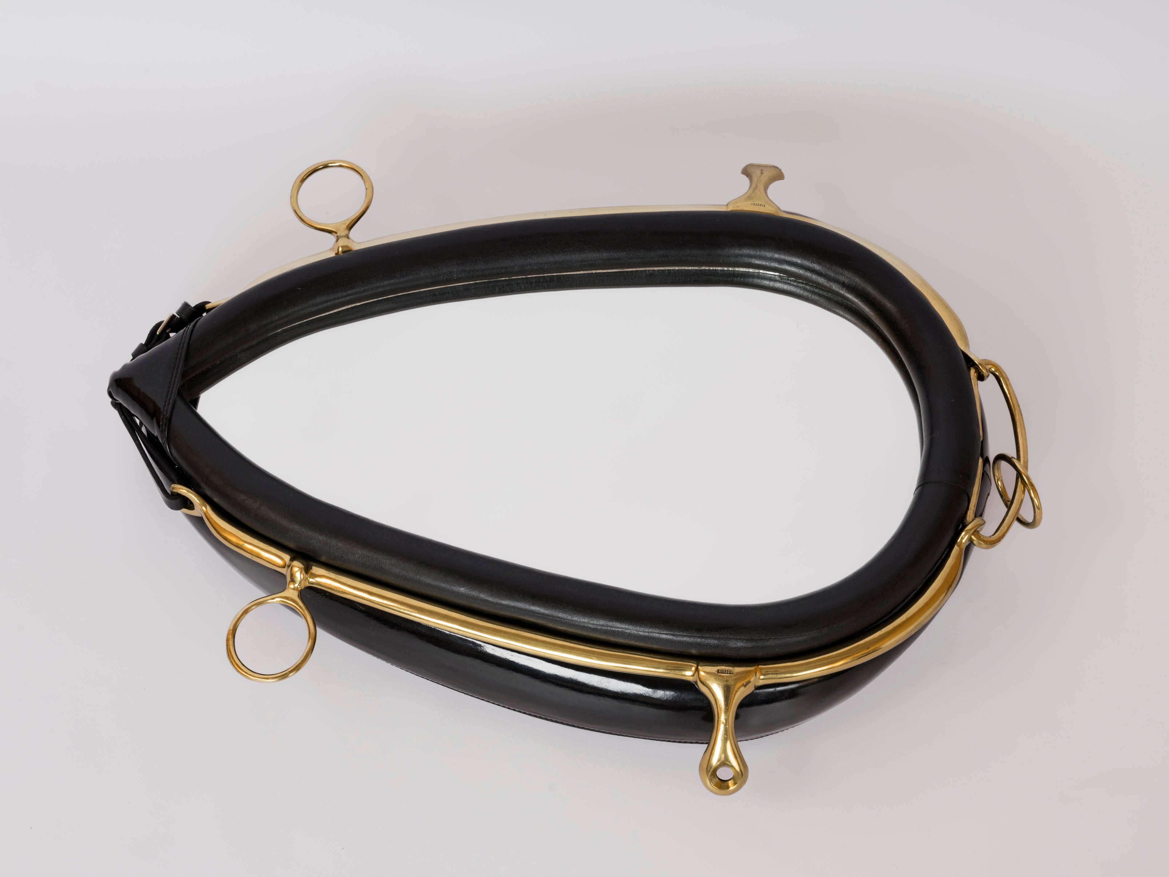 Padded Black Faux Leather & Brass Equestrian Mirror by Kieffer - France 1970's