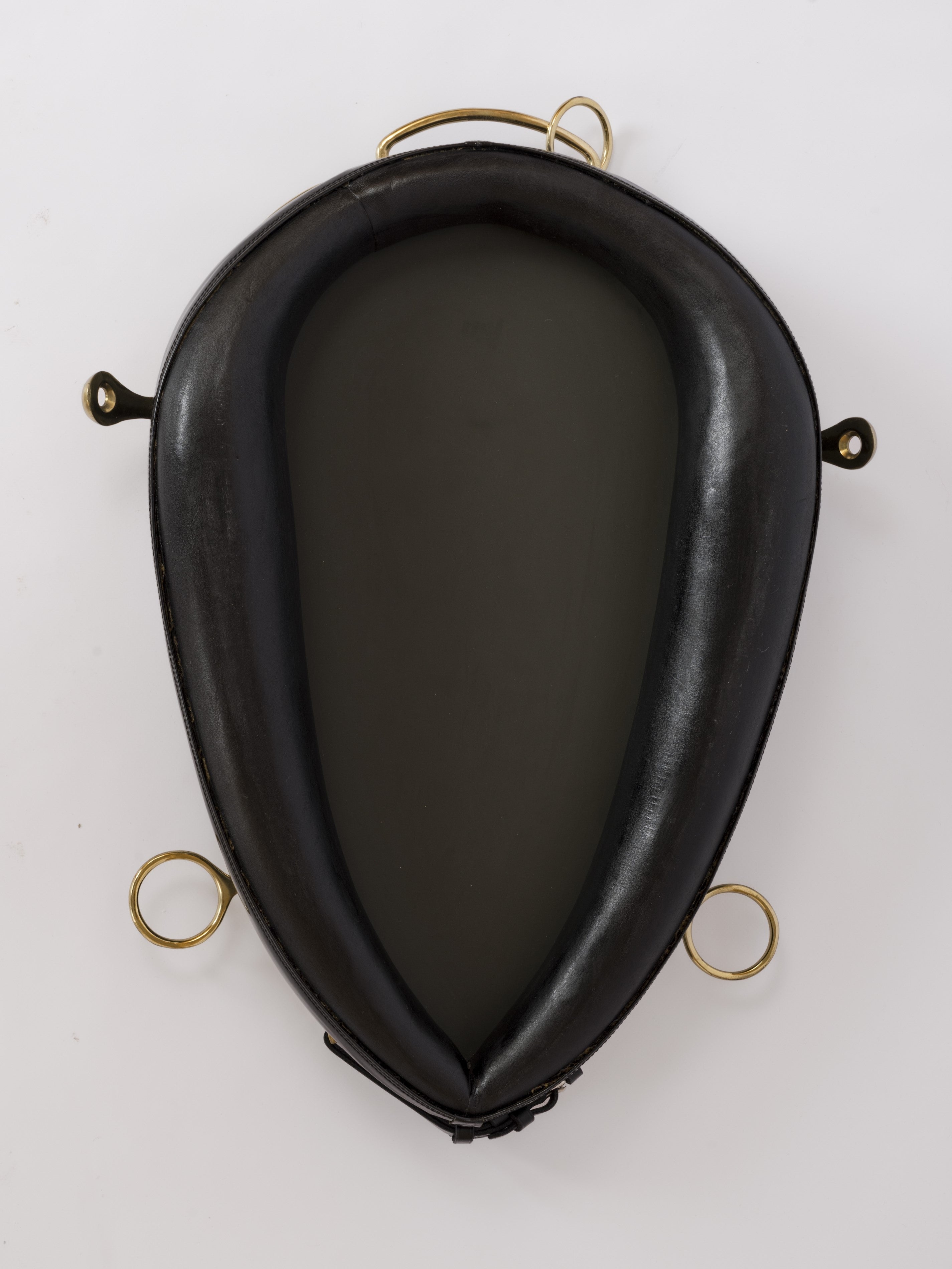 Padded Black Faux Leather & Brass Equestrian Mirror by Kieffer - France 1970's