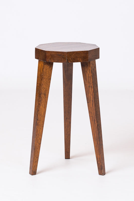 Minimalist Octogone Teak Tripod Stool - France 1970's