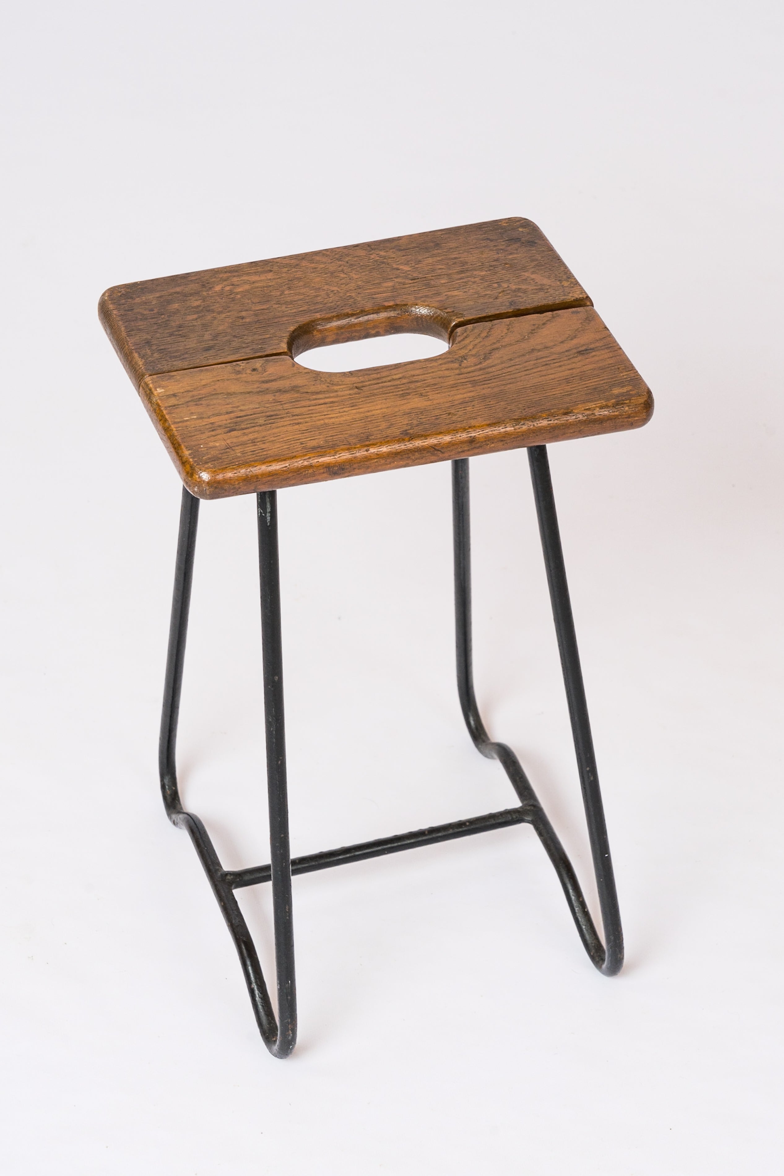 Modernist Iron & Oak Split Slats Stool - France 1960's