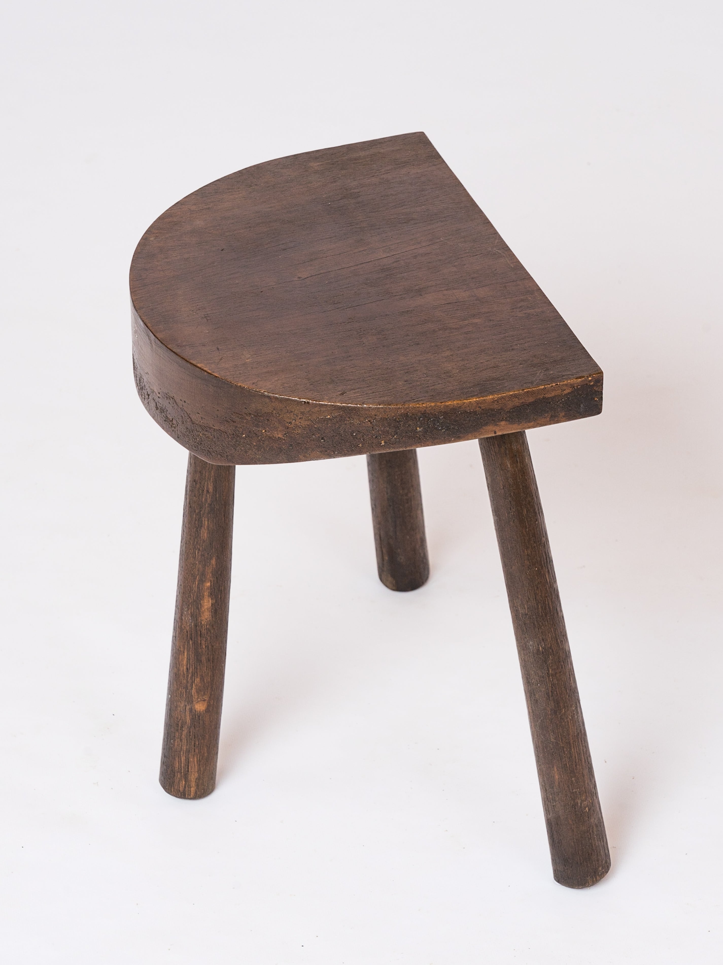 Marolles Era Solid Darkened Wood Tripod Stool with Tapered Seat - France 1960's