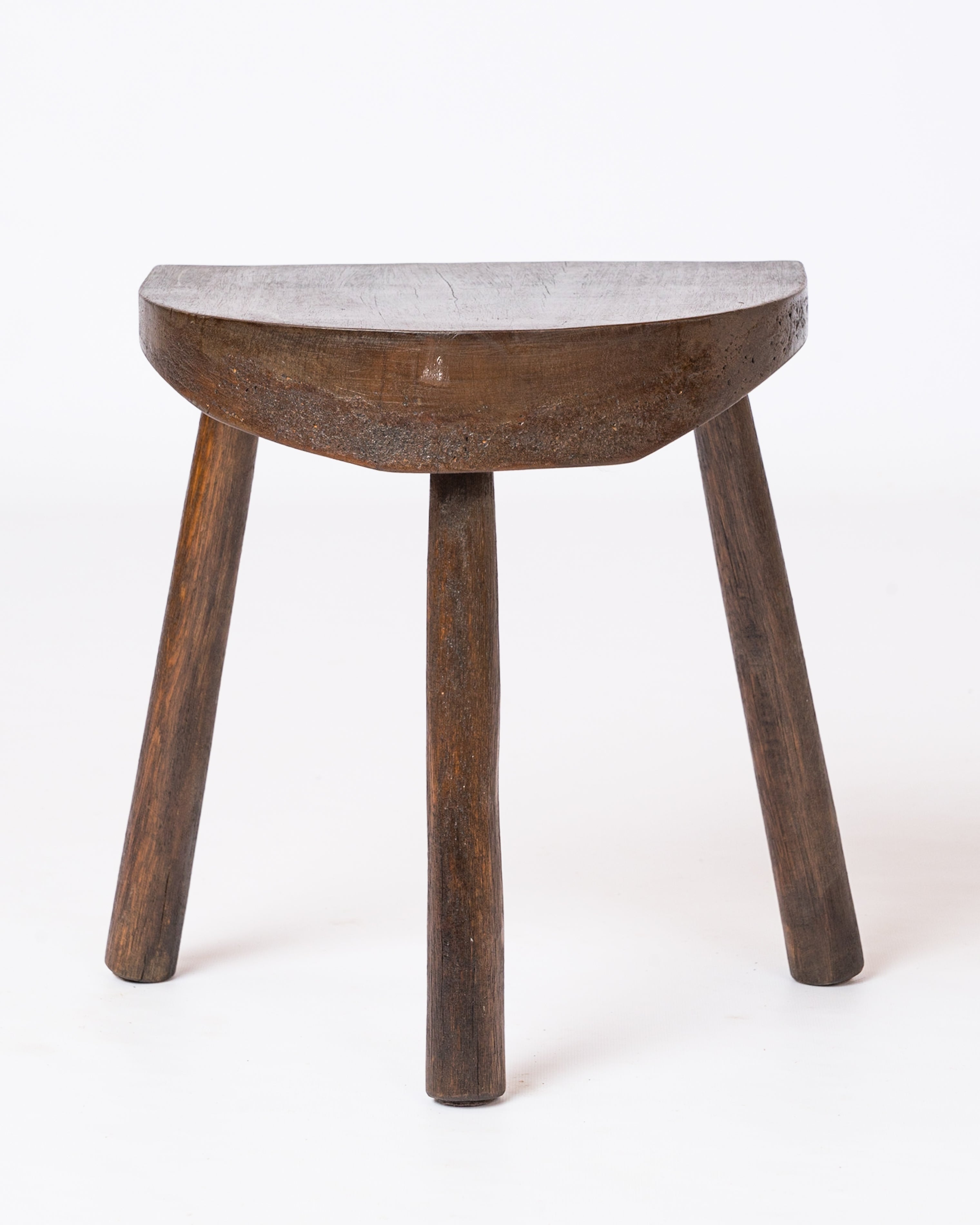 Marolles Era Solid Darkened Wood Tripod Stool with Tapered Seat - France 1960's