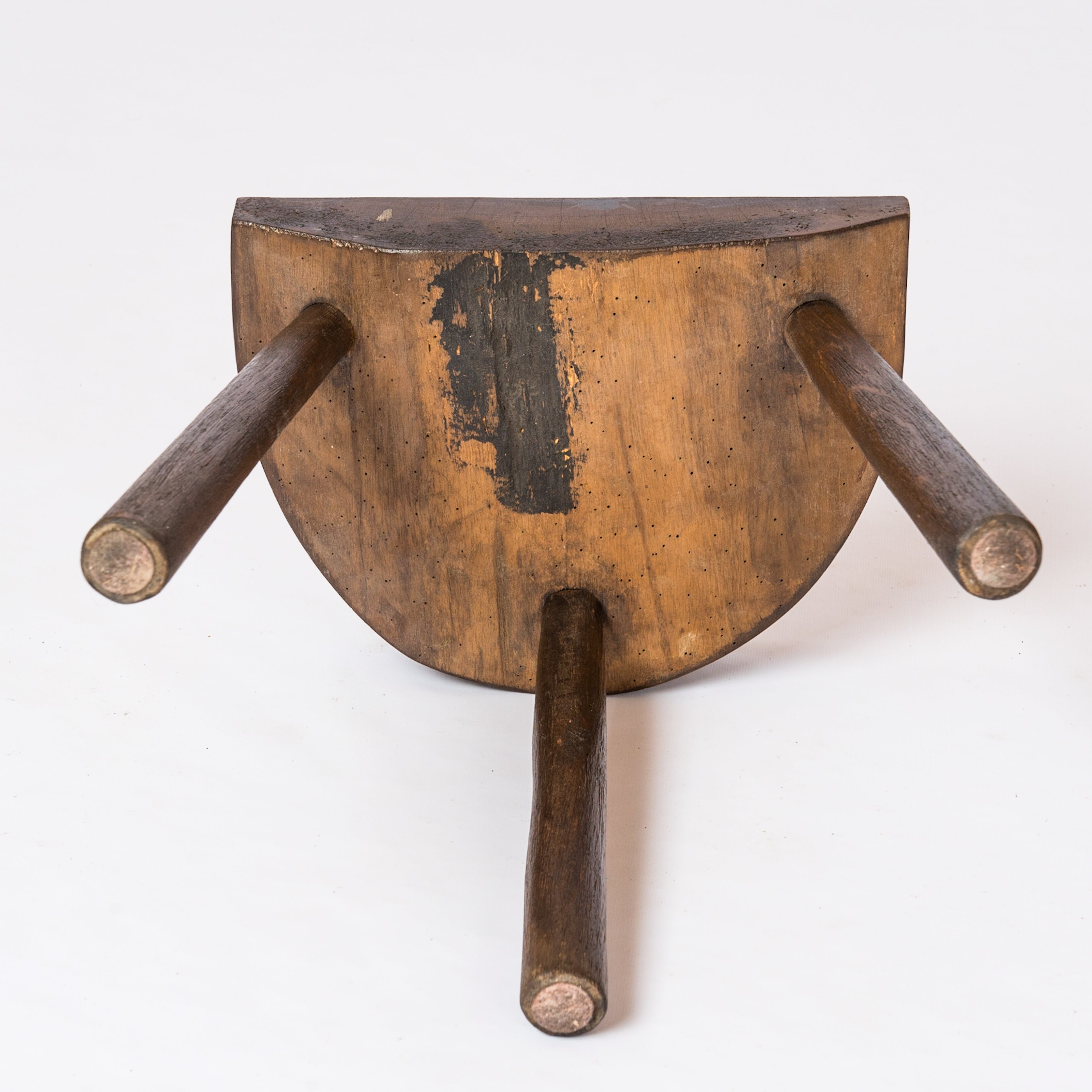 Marolles Era Solid Darkened Wood Tripod Stool with Tapered Seat - France 1960's