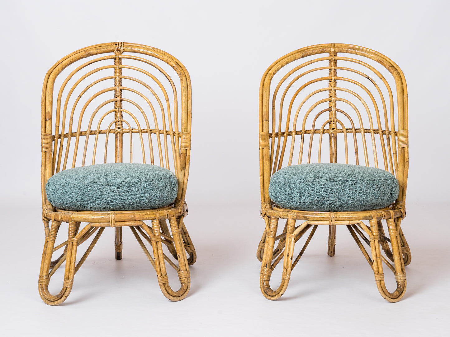 Two L. Sognot Style Rattan Lounge Chairs w. Blue "Chiné" Cushions - France 1950s