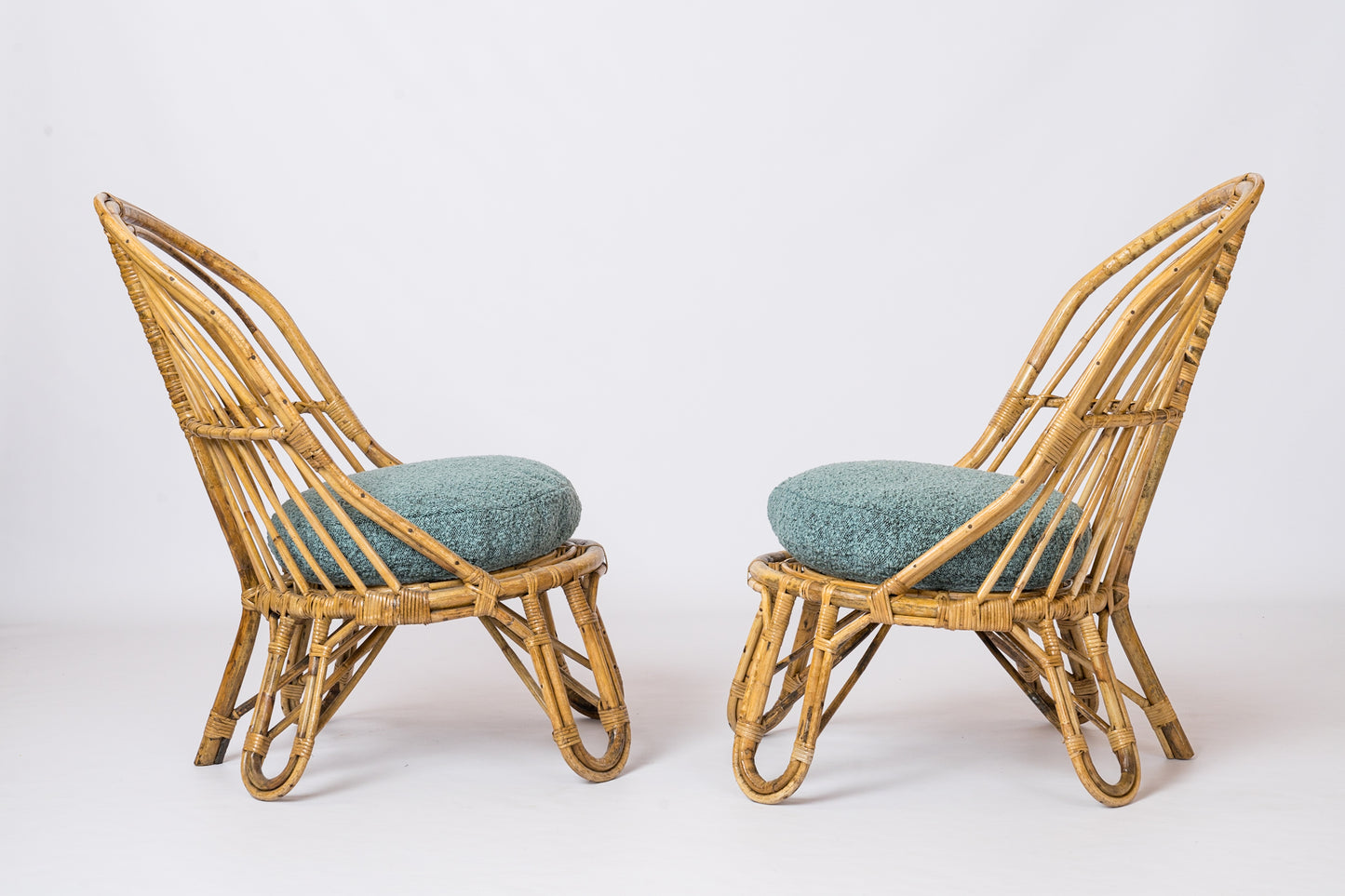 Two L. Sognot Style Rattan Lounge Chairs w. Blue "Chiné" Cushions - France 1950s