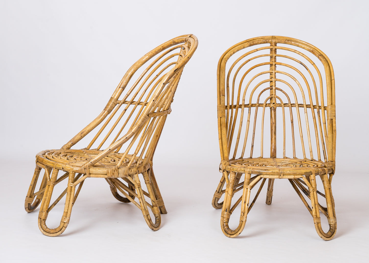 Two L. Sognot Style Rattan Lounge Chairs w. Blue "Chiné" Cushions - France 1950s