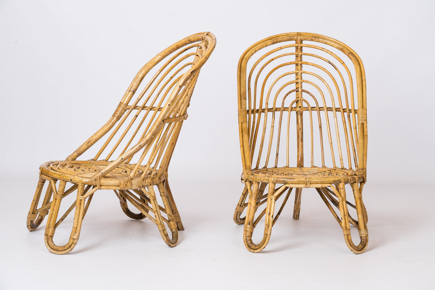 Two L. Sognot Style Rattan Lounge Chairs w. Blue "Chiné" Cushions - France 1950s