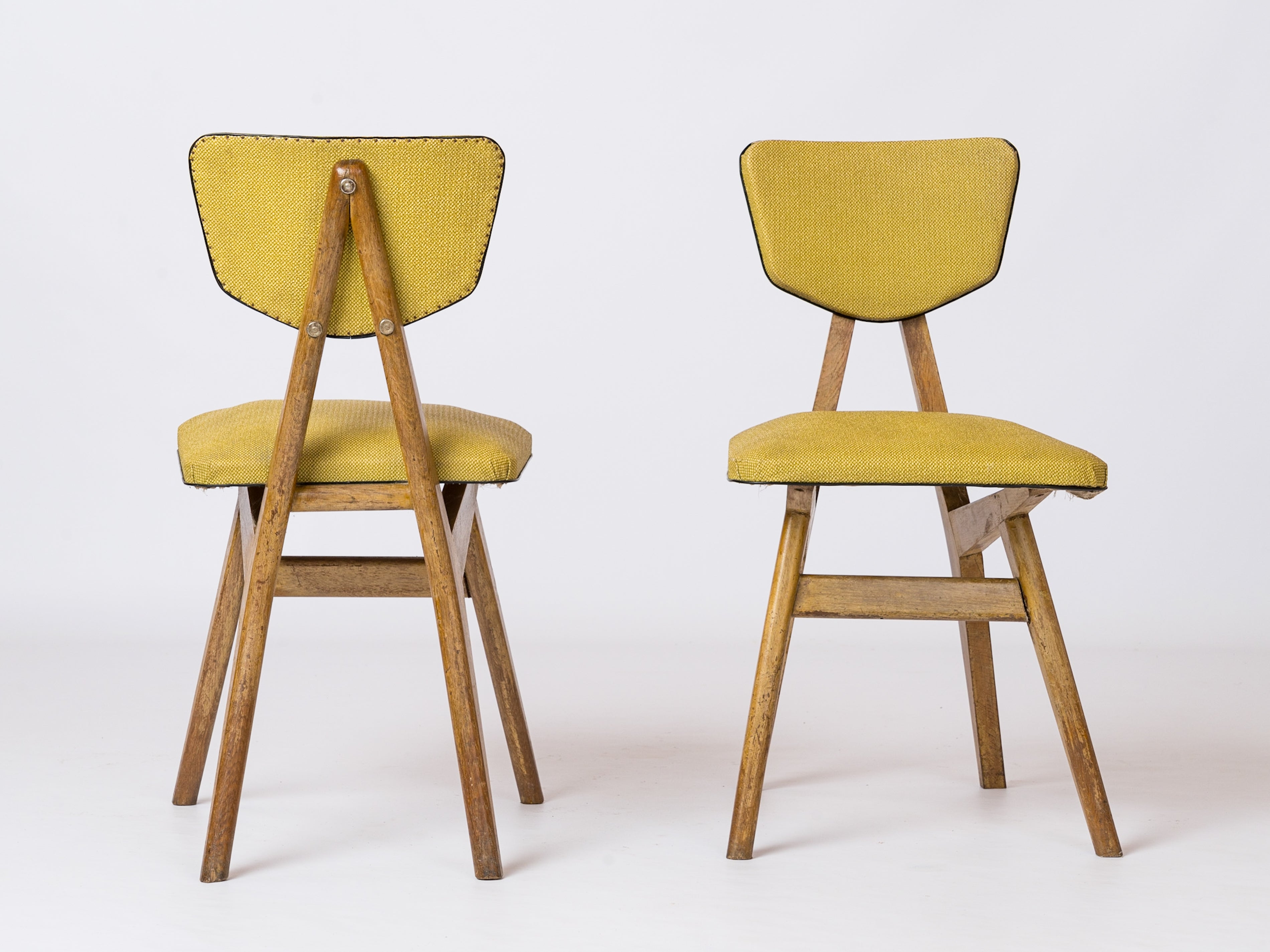 Two Beech & Yellow Leatherette Chairs by Ligne Roset - France 1950s