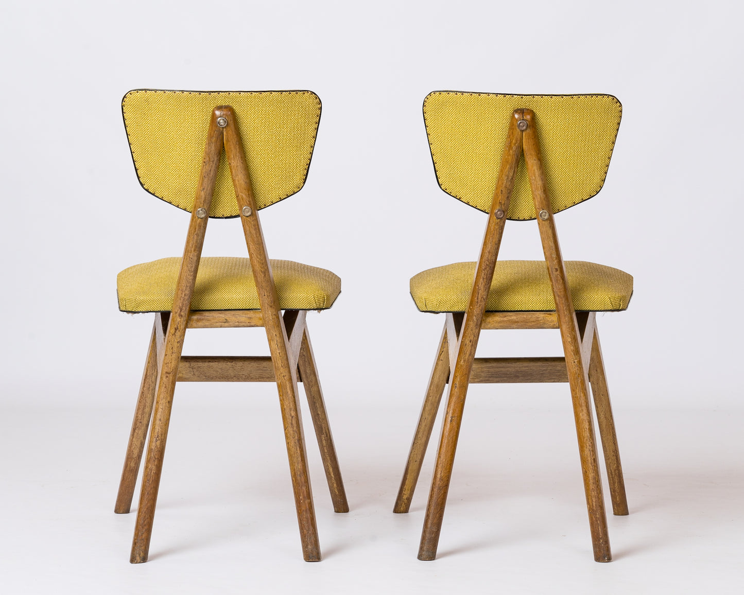 Two Beech & Yellow Leatherette Chairs by Ligne Roset - France 1950s