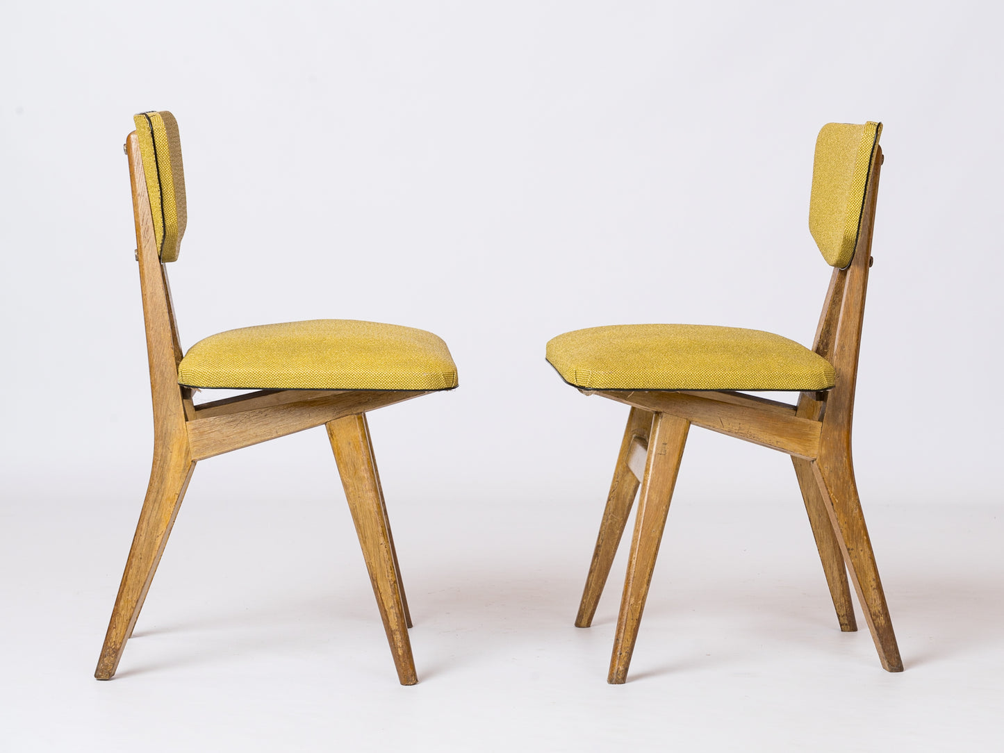 Two Beech & Yellow Leatherette Chairs by Ligne Roset - France 1950s