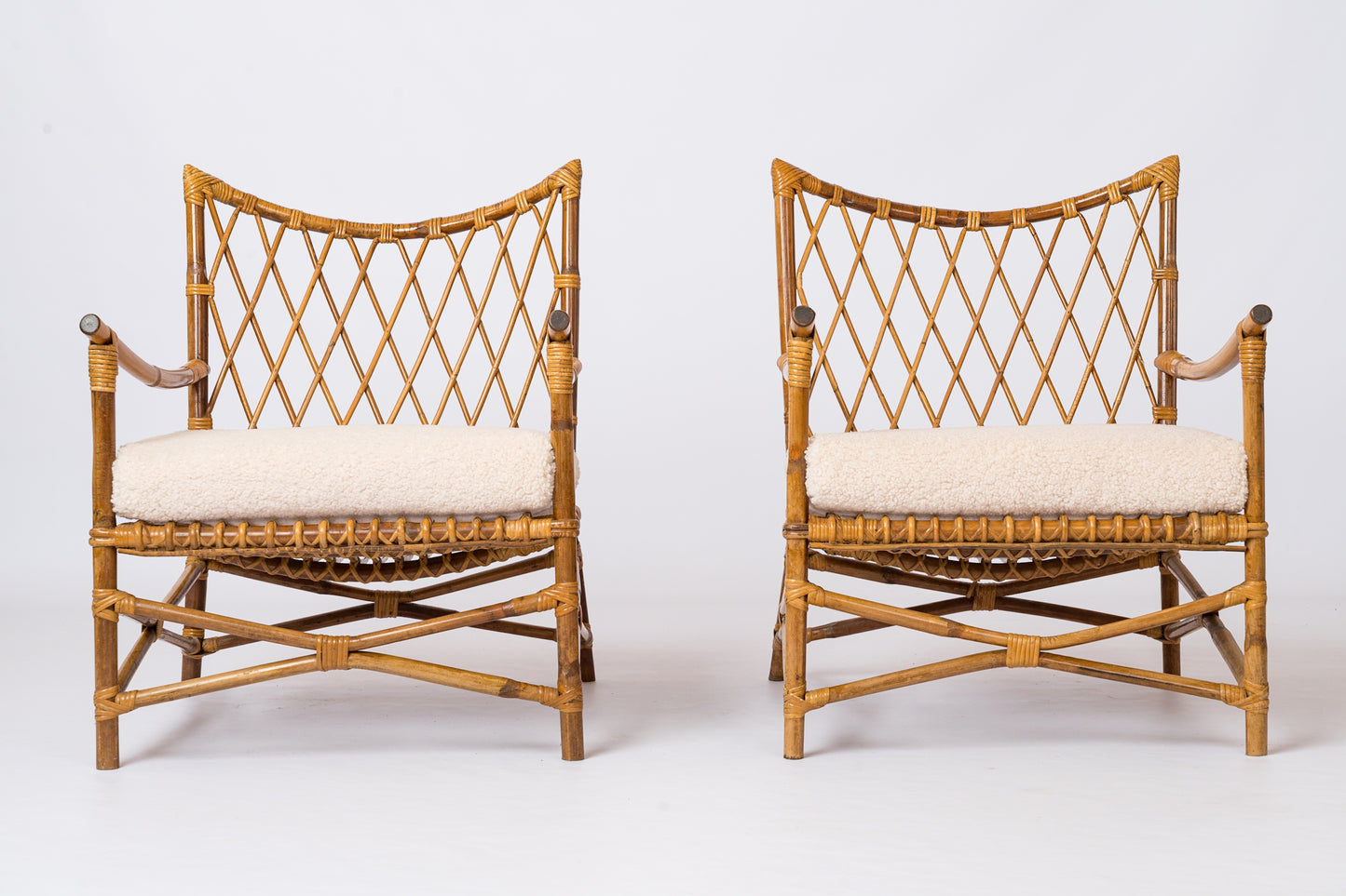 Pair of Braided Rattan Lounge Armchairs w. Off-White Boucle Cushions - 1960's