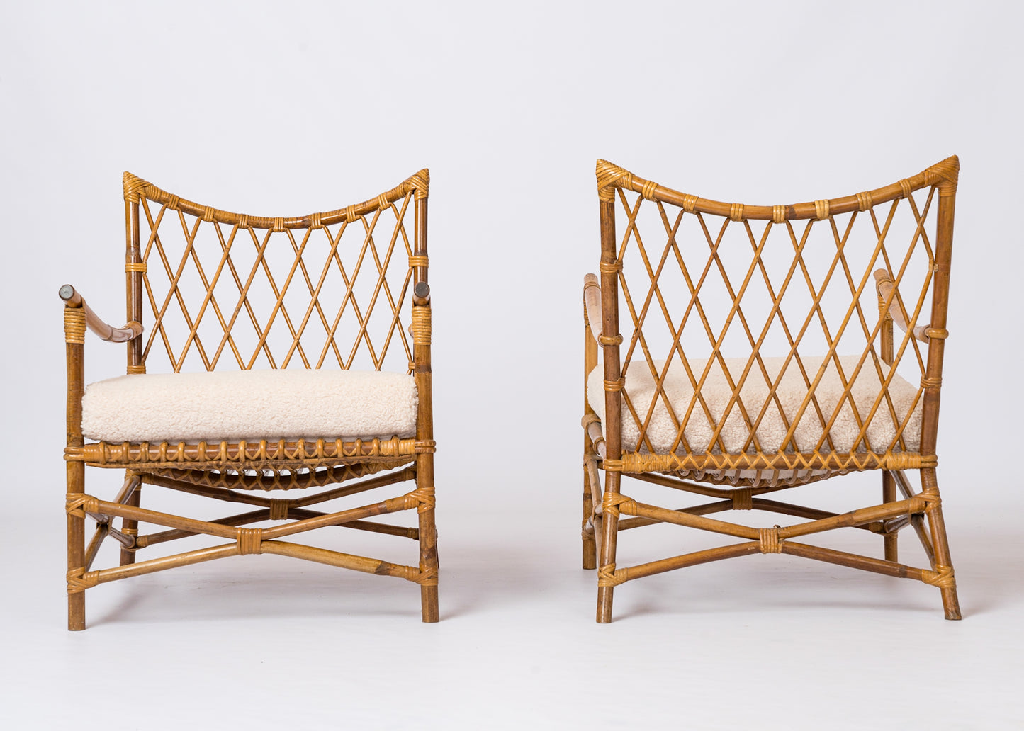 Pair of Braided Rattan Lounge Armchairs w. Off-White Boucle Cushions - 1960's