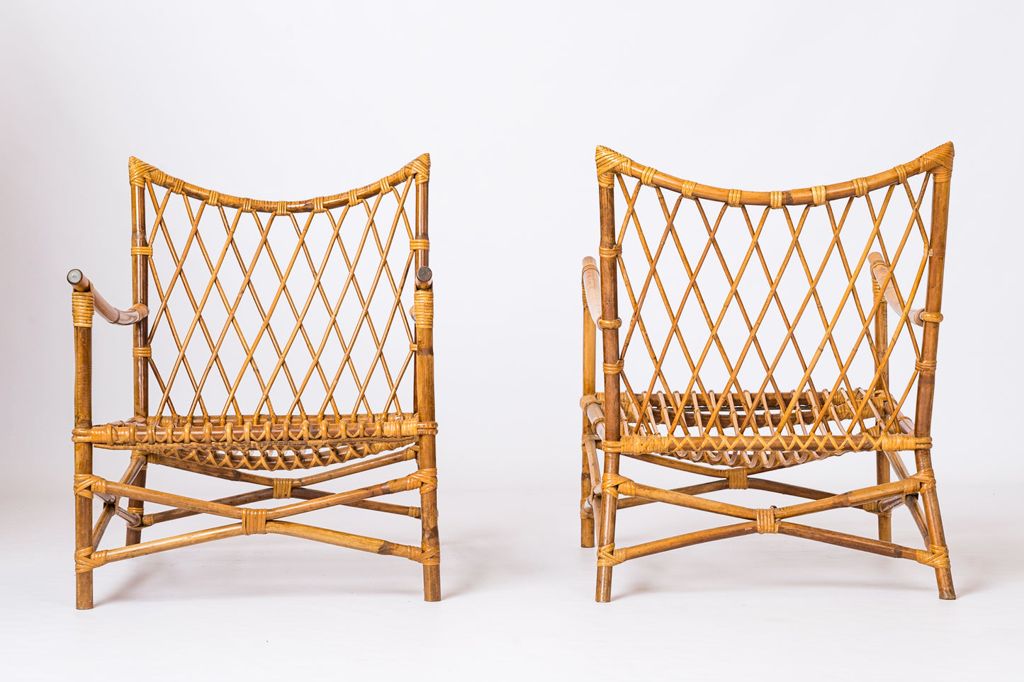 Pair of Braided Rattan Lounge Armchairs w. Off-White Boucle Cushions - 1960's