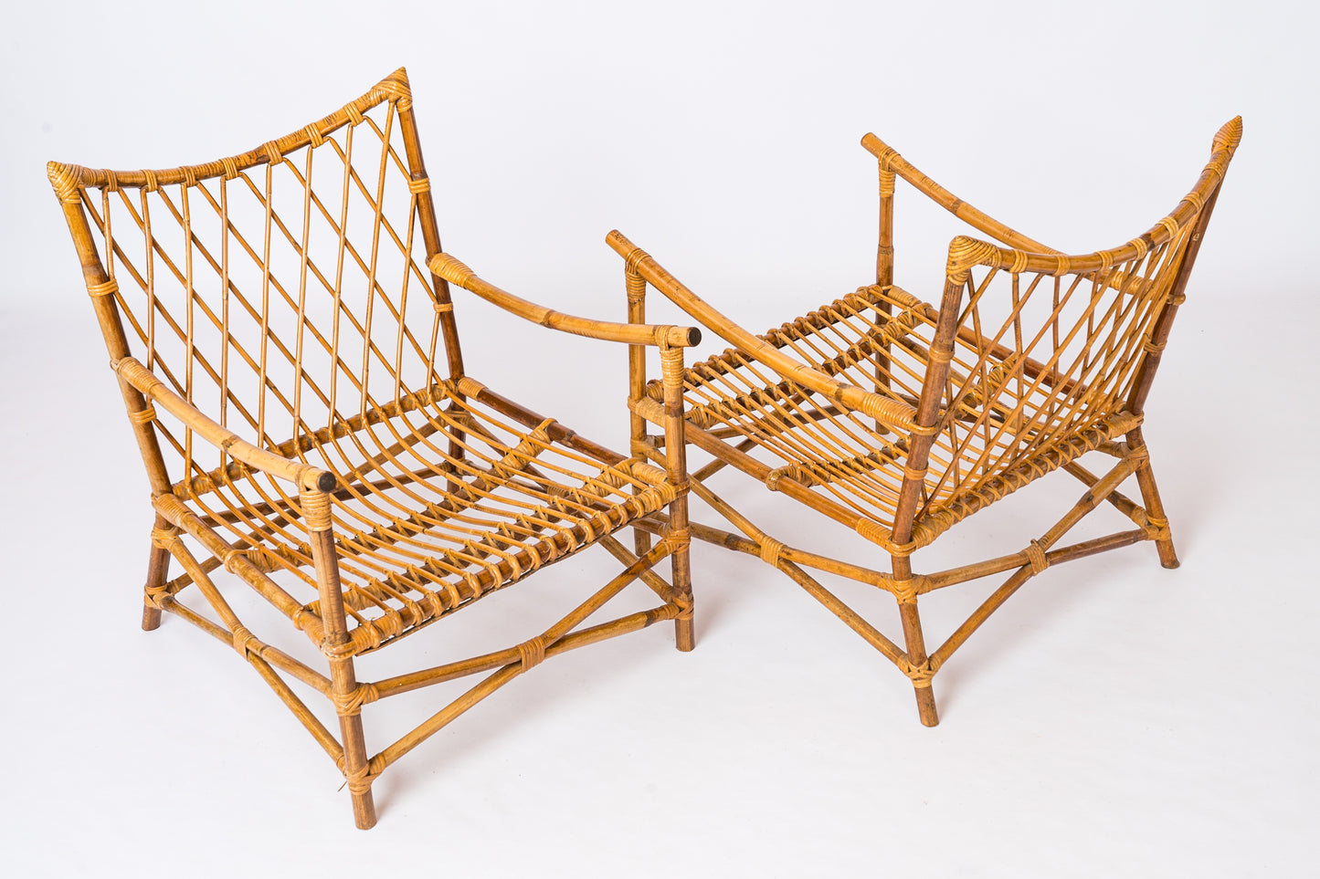 Pair of Braided Rattan Lounge Armchairs w. Off-White Boucle Cushions - 1960's