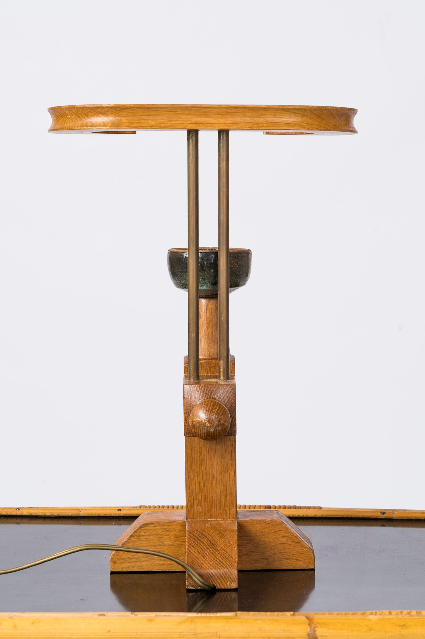 Ceramic, Solid Oak & Brass Table Lamp by Guillerme & Chambron - France 1970's