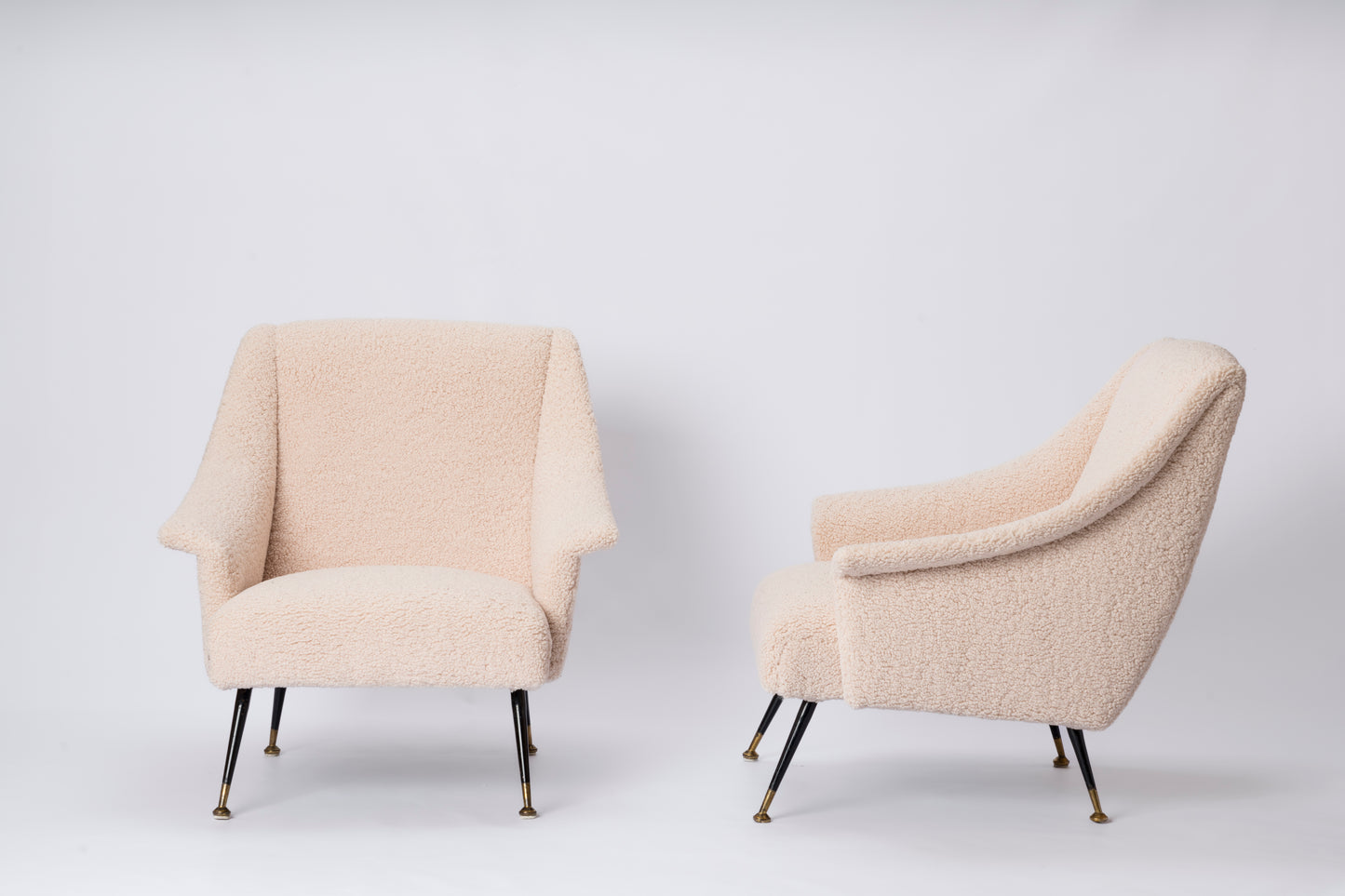 Pair of Creme Bouclé Italian Armchairs with Black and Brass Feet, Italy, 1960s