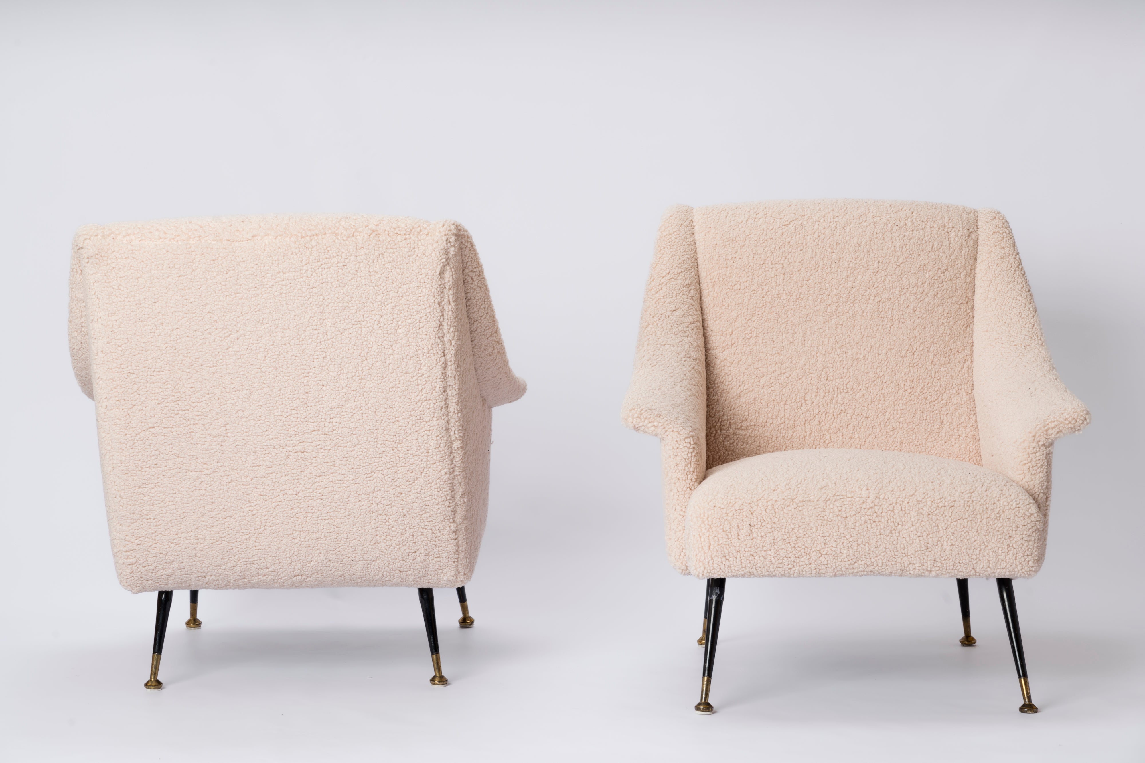 Pair of Creme Bouclé Italian Armchairs with Black and Brass Feet, Italy, 1960s