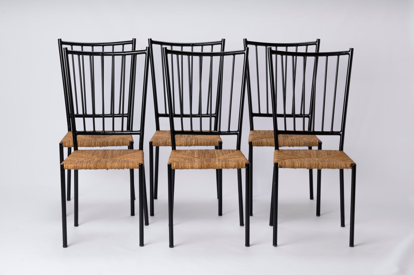 Set of Six Rush and Black Painted Steel Chairs by Colette Gueden - France 1950's