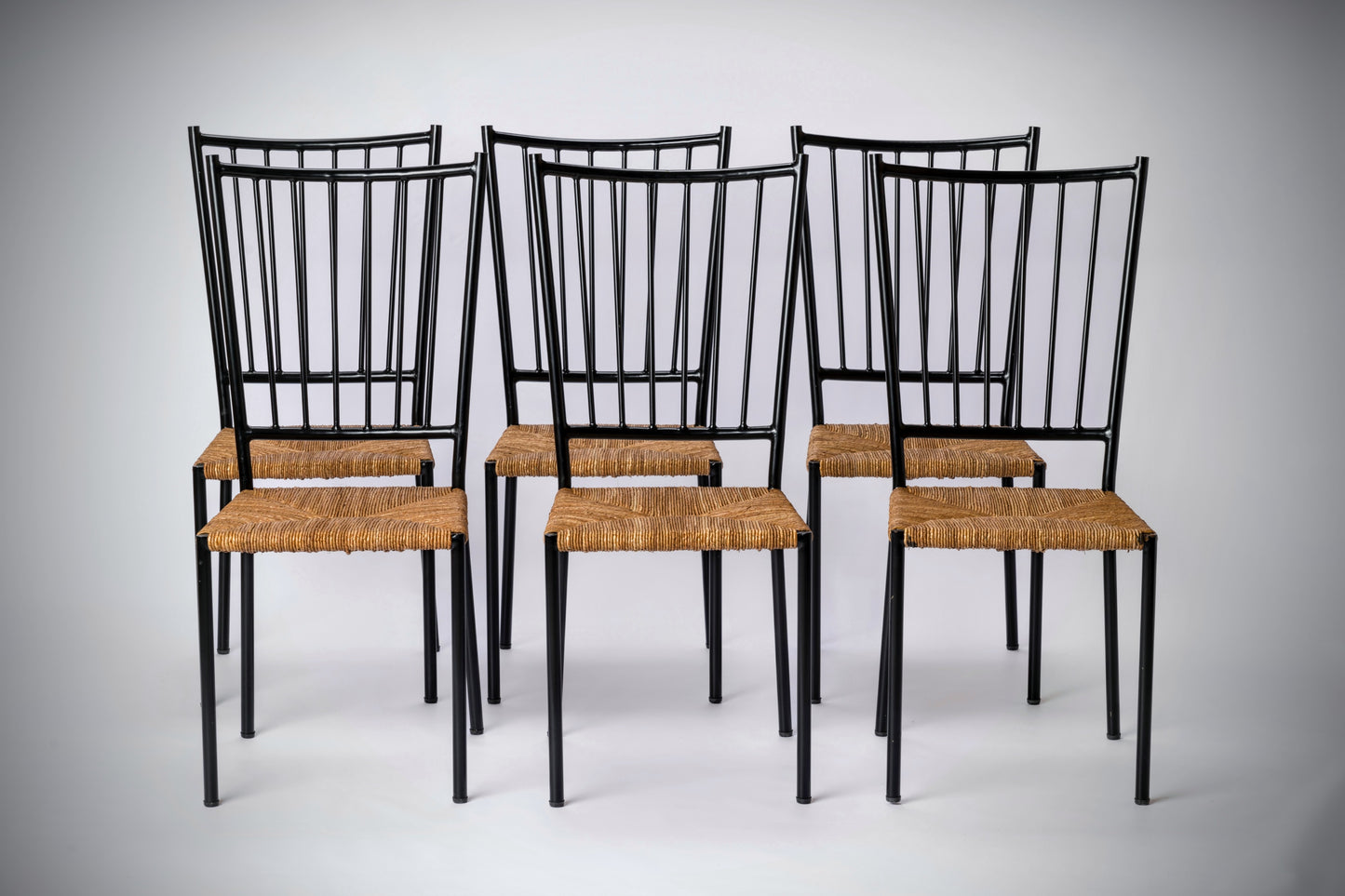 Set of Six Rush and Black Painted Steel Chairs by Colette Gueden - France 1950's