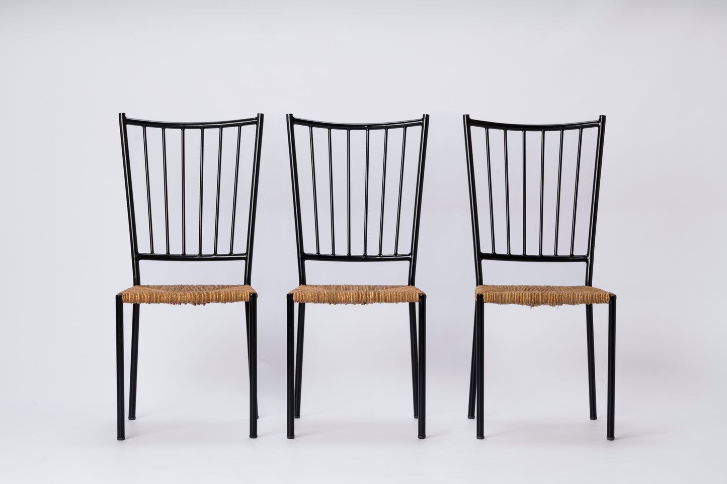 Set of Six Rush and Black Painted Steel Chairs by Colette Gueden - France 1950's