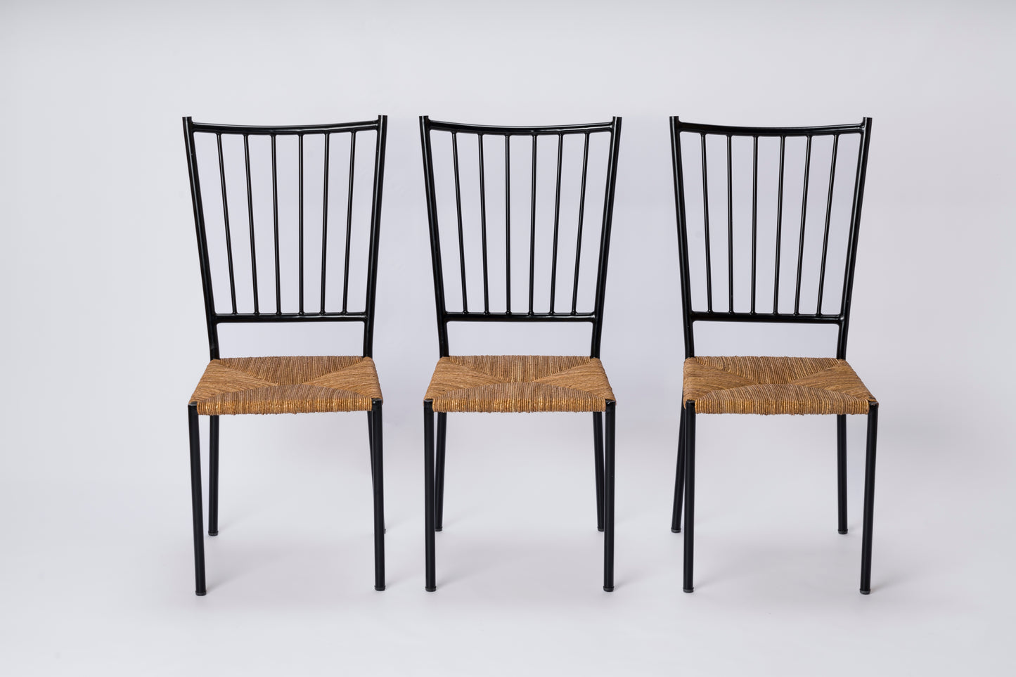 Set of Six Rush and Black Painted Steel Chairs by Colette Gueden - France 1950's