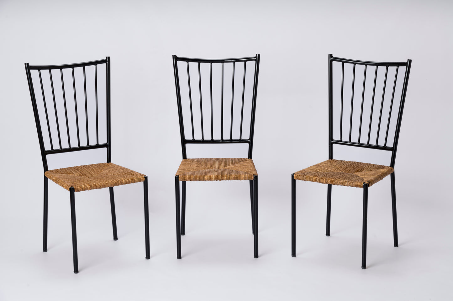 Set of Six Rush and Black Painted Steel Chairs by Colette Gueden - France 1950's