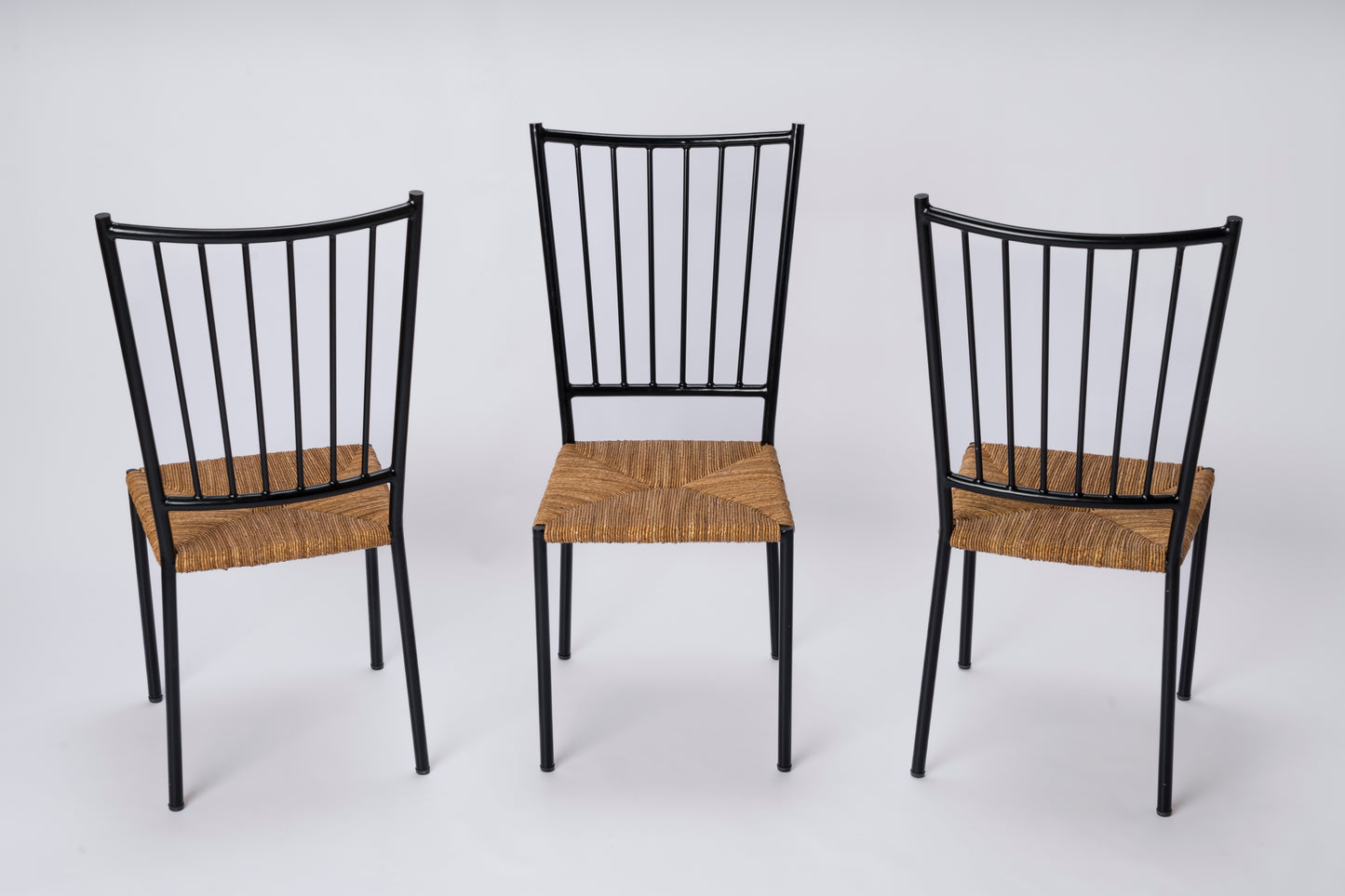 Set of Six Rush and Black Painted Steel Chairs by Colette Gueden - France 1950's