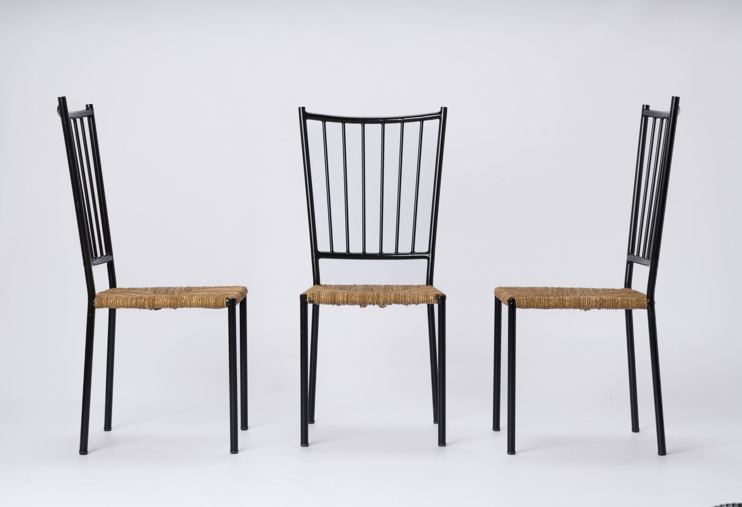 Set of Six Rush and Black Painted Steel Chairs by Colette Gueden - France 1950's