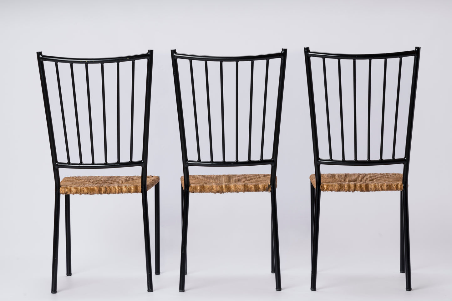 Set of Six Rush and Black Painted Steel Chairs by Colette Gueden - France 1950's