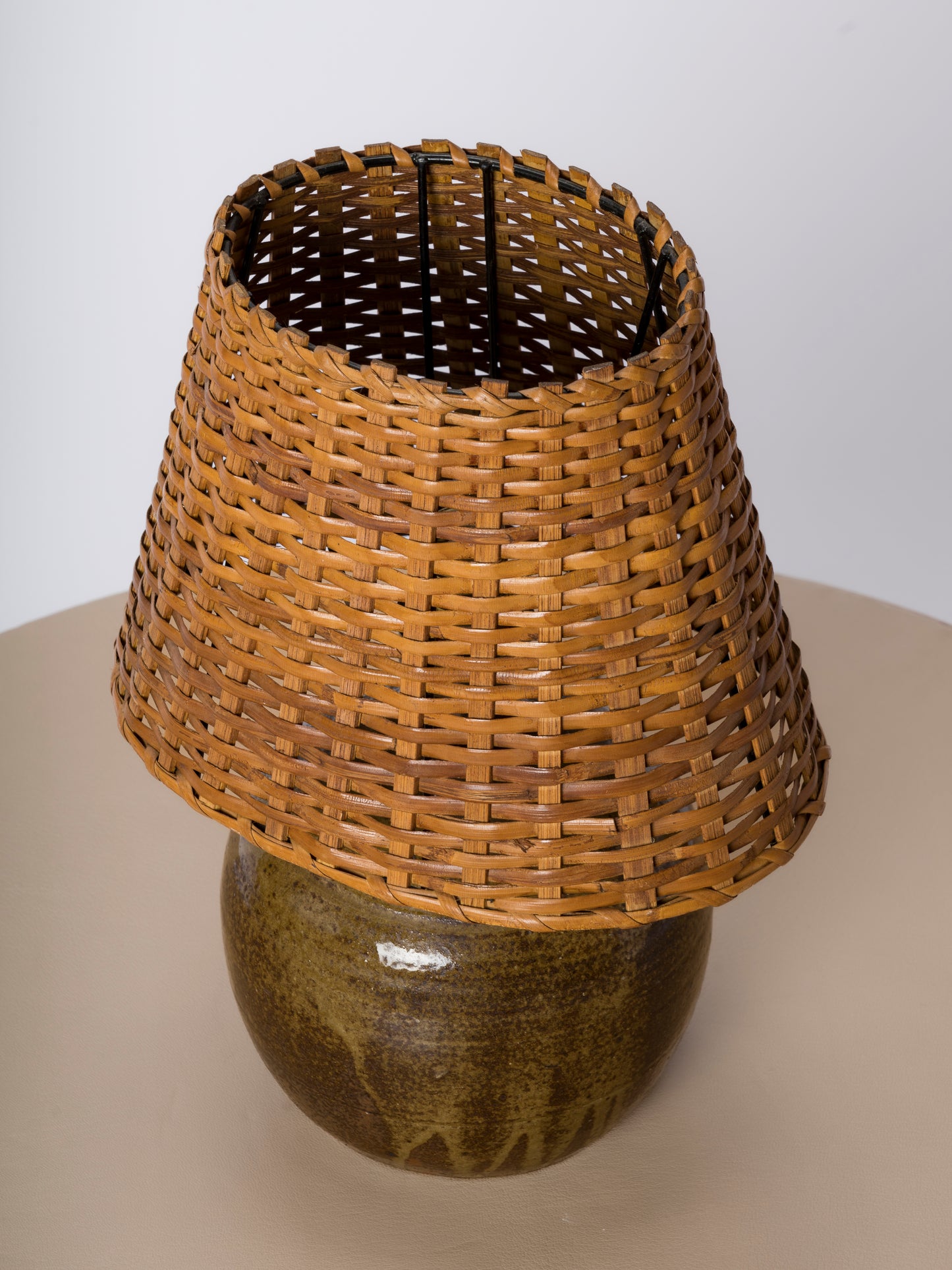 Shades of Green Petite Ceramic Table Lamp w. Wicker Shade - France 1970's