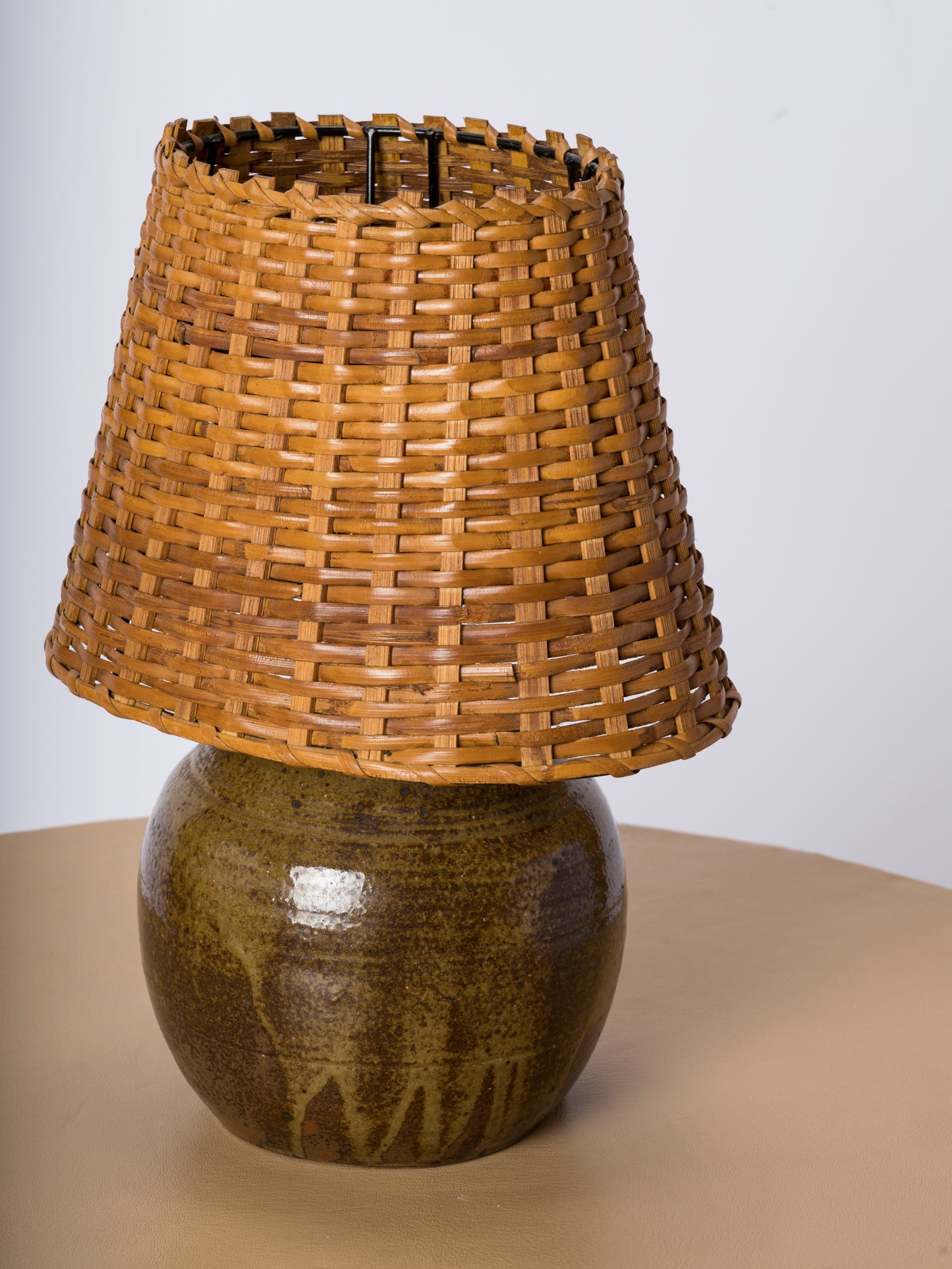 Shades of Green Petite Ceramic Table Lamp w. Wicker Shade - France 1970's