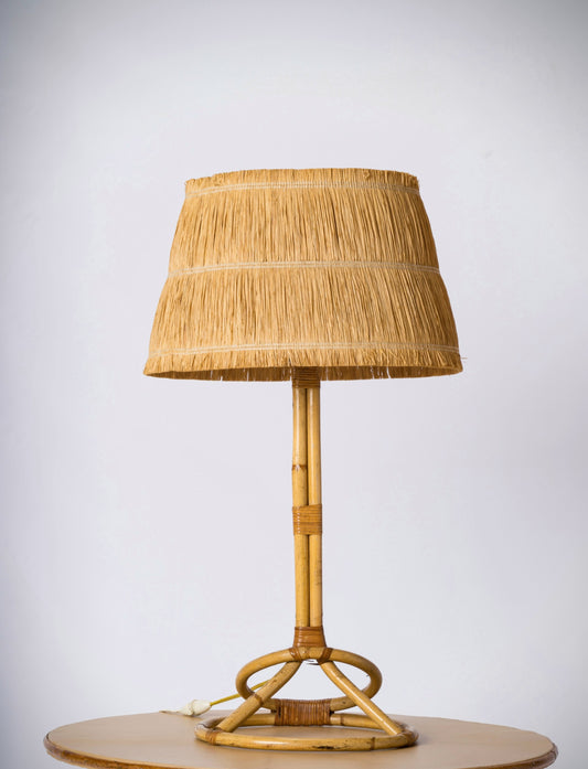 Tall Rattan Table Lamp w. Raffia Shade - France 1950's