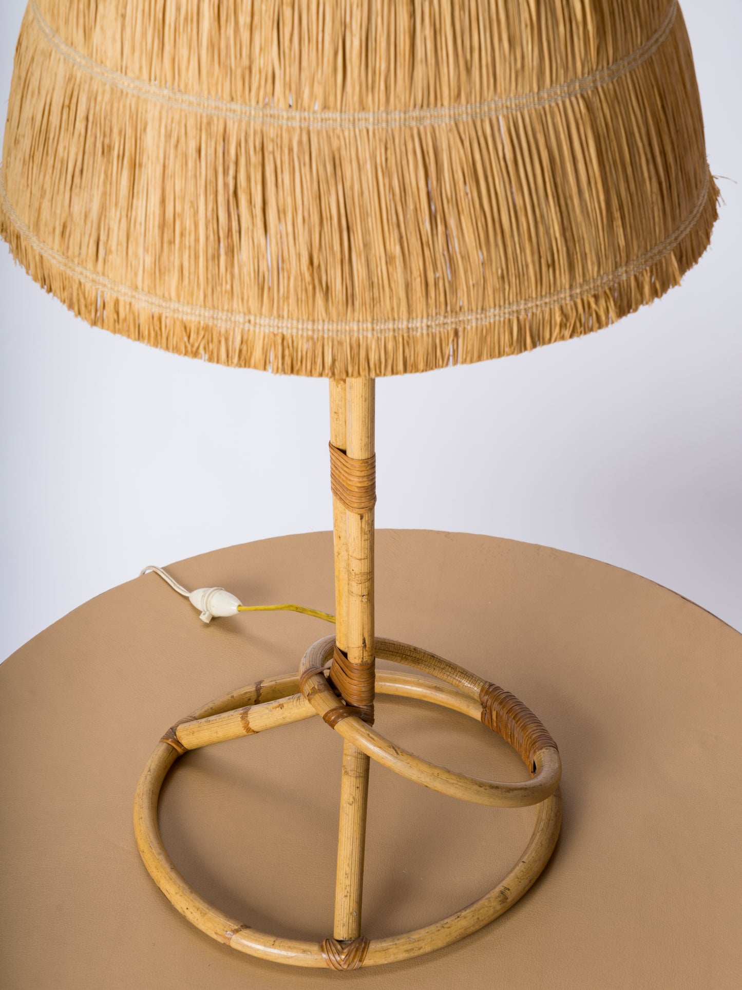 Tall Rattan Table Lamp w. Raffia Shade - France 1950's