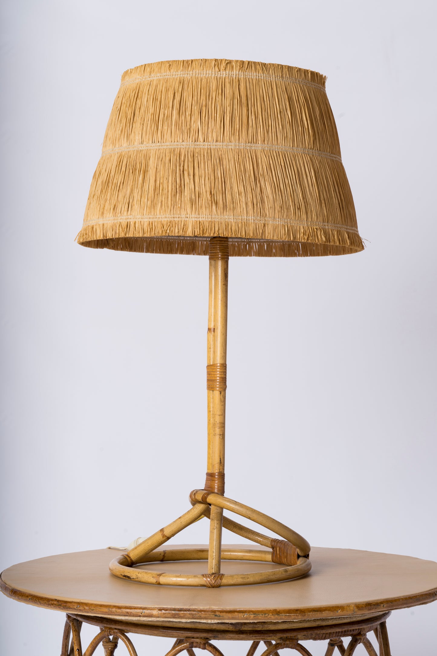 Tall Rattan Table Lamp w. Raffia Shade - France 1950's