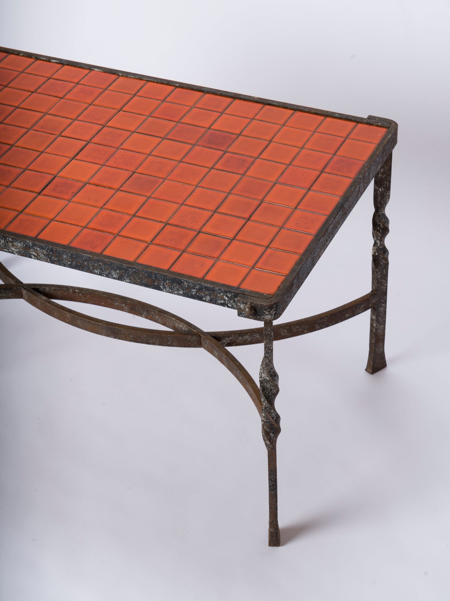 "Corail" Red Ceramic Tiles & Ferronerie d'Art Wrought Iron Coffee Table - 1970s